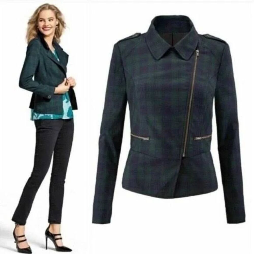 CAbi Black Watch Plaid Moto Blazer - Blue/Green 12